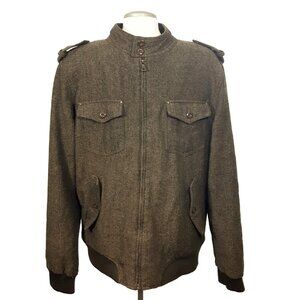 Twenty One Men Wool Blend Flight Jacket Coat XL Chevron Tweed Pockets Dark Brown
